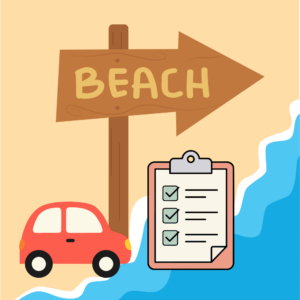 Beach scene with a wooden sign saying BEACH, a red car, and a checklist clipboard on the shore near blue waves.