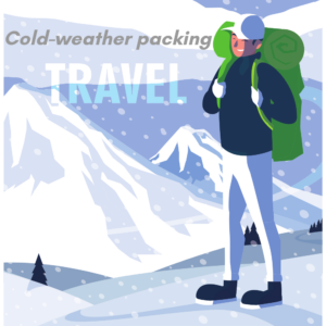Illustrated hiker with a green backpack in a snowy mountain landscape, promoting cold-weather travel.