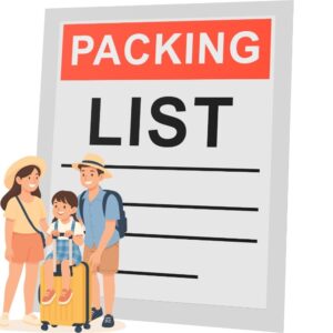 Family of three with a child on a yellow suitcase beside a large 'PACKING LIST' sign