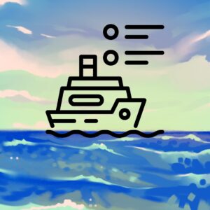 Stylized black boat icon on blue waves with a pastel sky background.