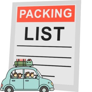 Cartoon packing list document with a turquoise car and luggage on top, signaling a road trip preparation