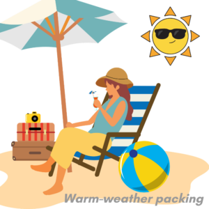 Woman wearing a hat lounges in a striped beach chair on a sunny beach, sipping a drink; beside her are suitcases and a camera, with a colorful beach ball nearby; caption 'Warm-weather packing'.